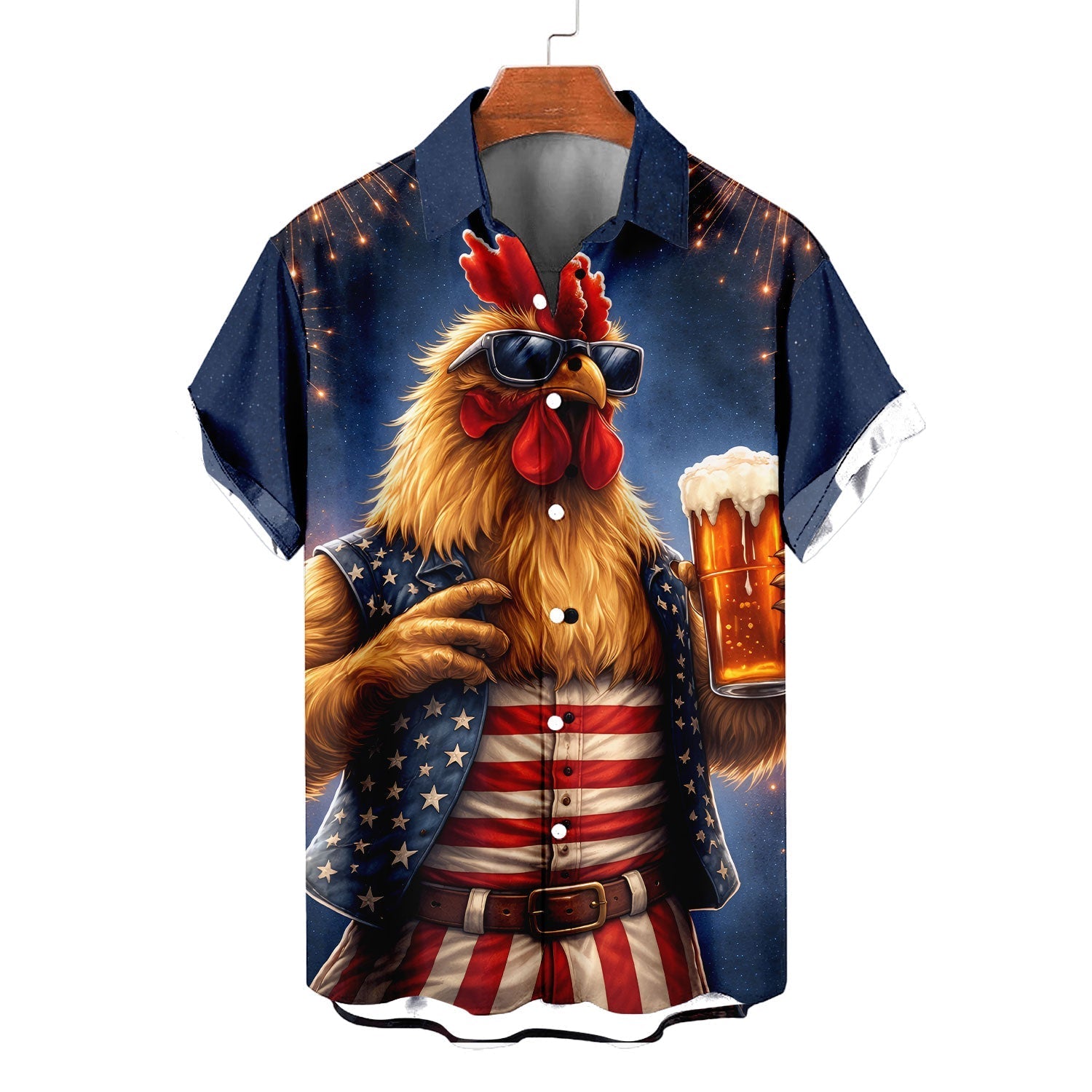 Funny Rooster Drinking Beer American Flag Aloha - Hawaiian Shirt - Gift For Him