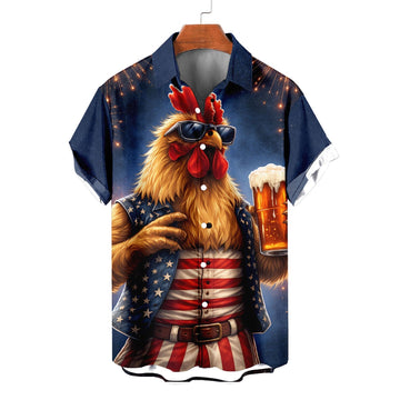 Funny Rooster Drinking Beer American Flag Aloha - Hawaiian Shirt - Gift For Him