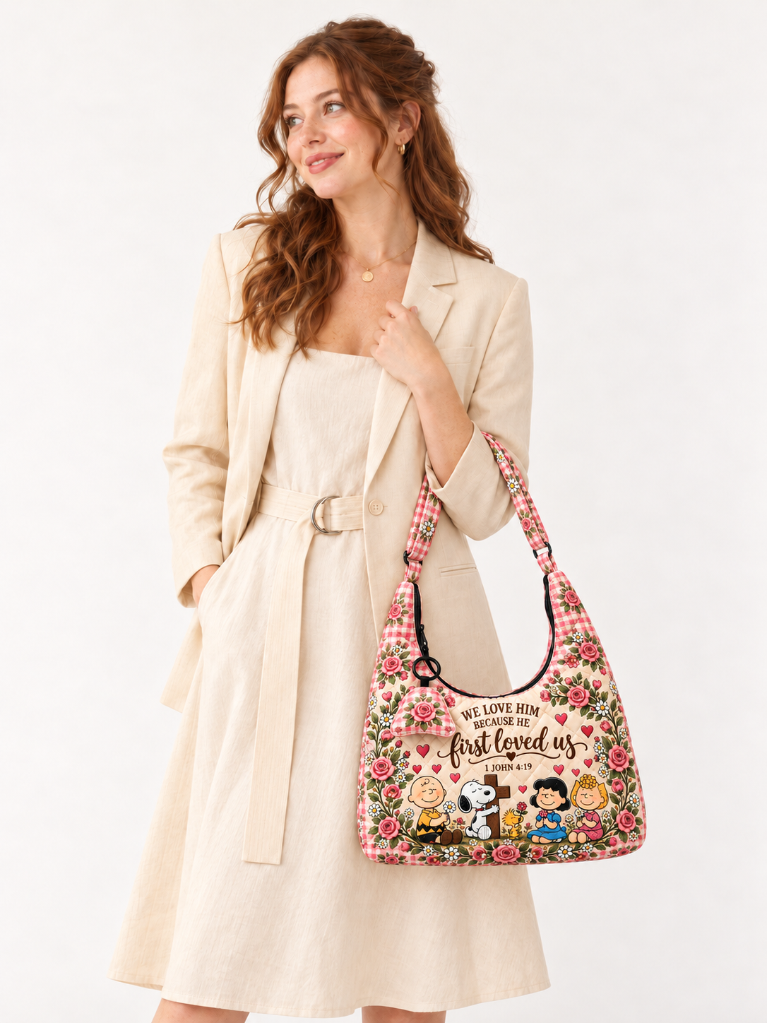 He First Loved Us 1 John 4:19 Christian Gift For Her - Personalized Quilted Hobo Shoulder Bag