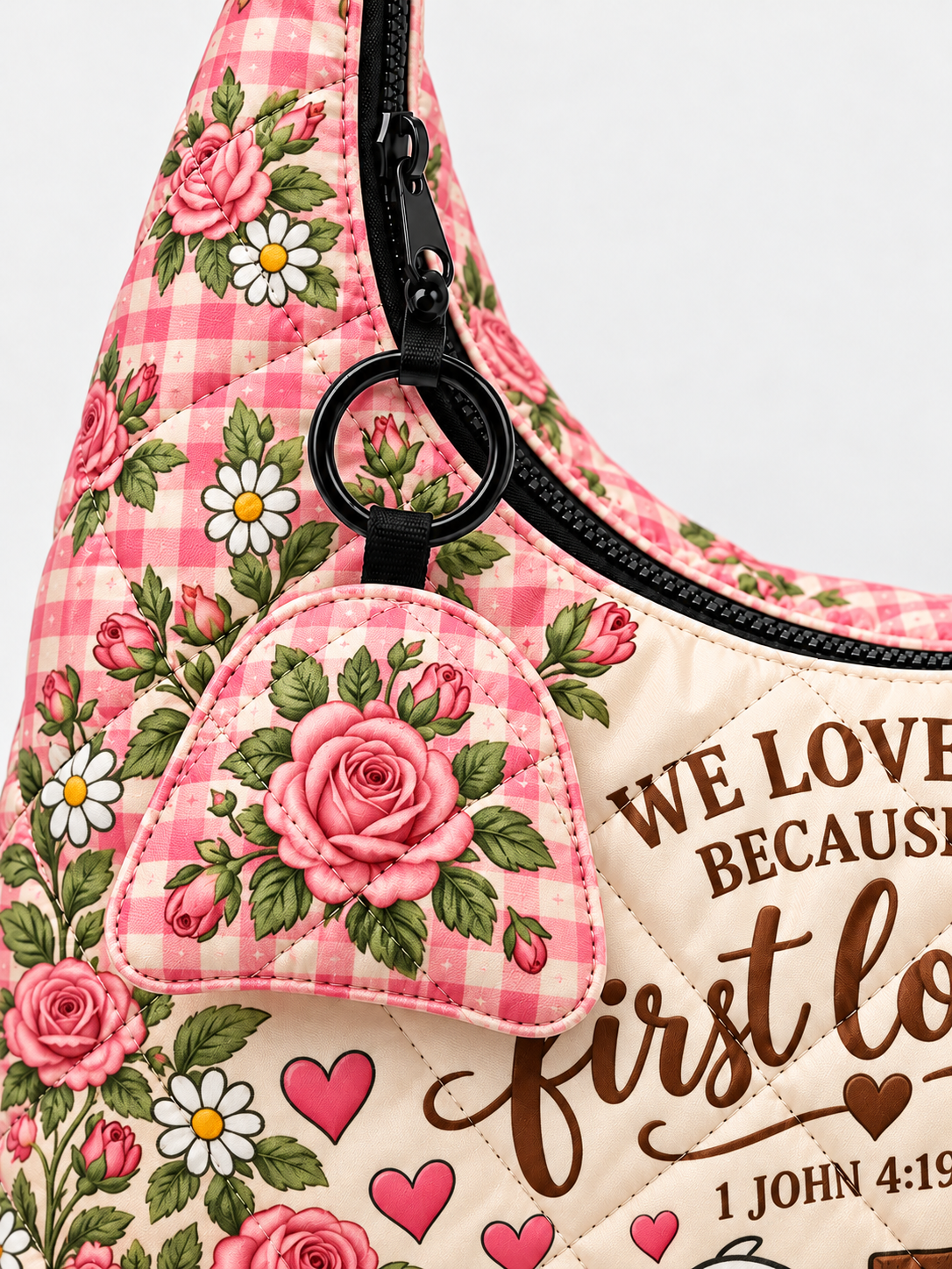 He First Loved Us 1 John 4:19 Christian Gift For Her - Personalized Quilted Hobo Shoulder Bag