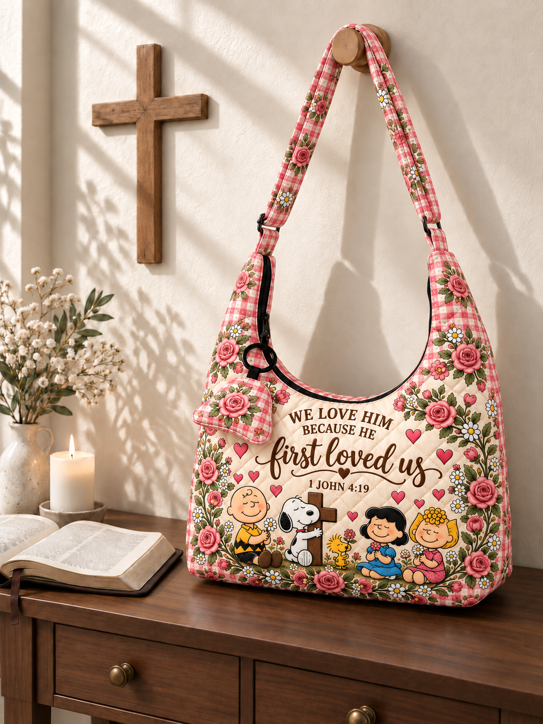 He First Loved Us 1 John 4:19 Christian Gift For Her - Personalized Quilted Hobo Shoulder Bag