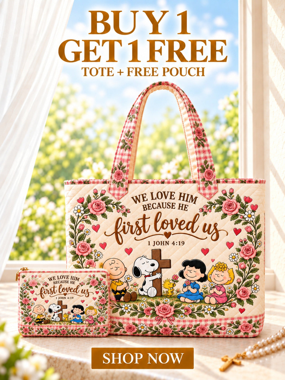 He First Loved Us 1 John 4:19 Christian Gift For Her - Personalized Quilted Tote Bag