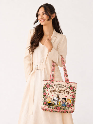 He First Loved Us 1 John 4:19 Christian Gift For Her - Personalized Quilted Tote Bag