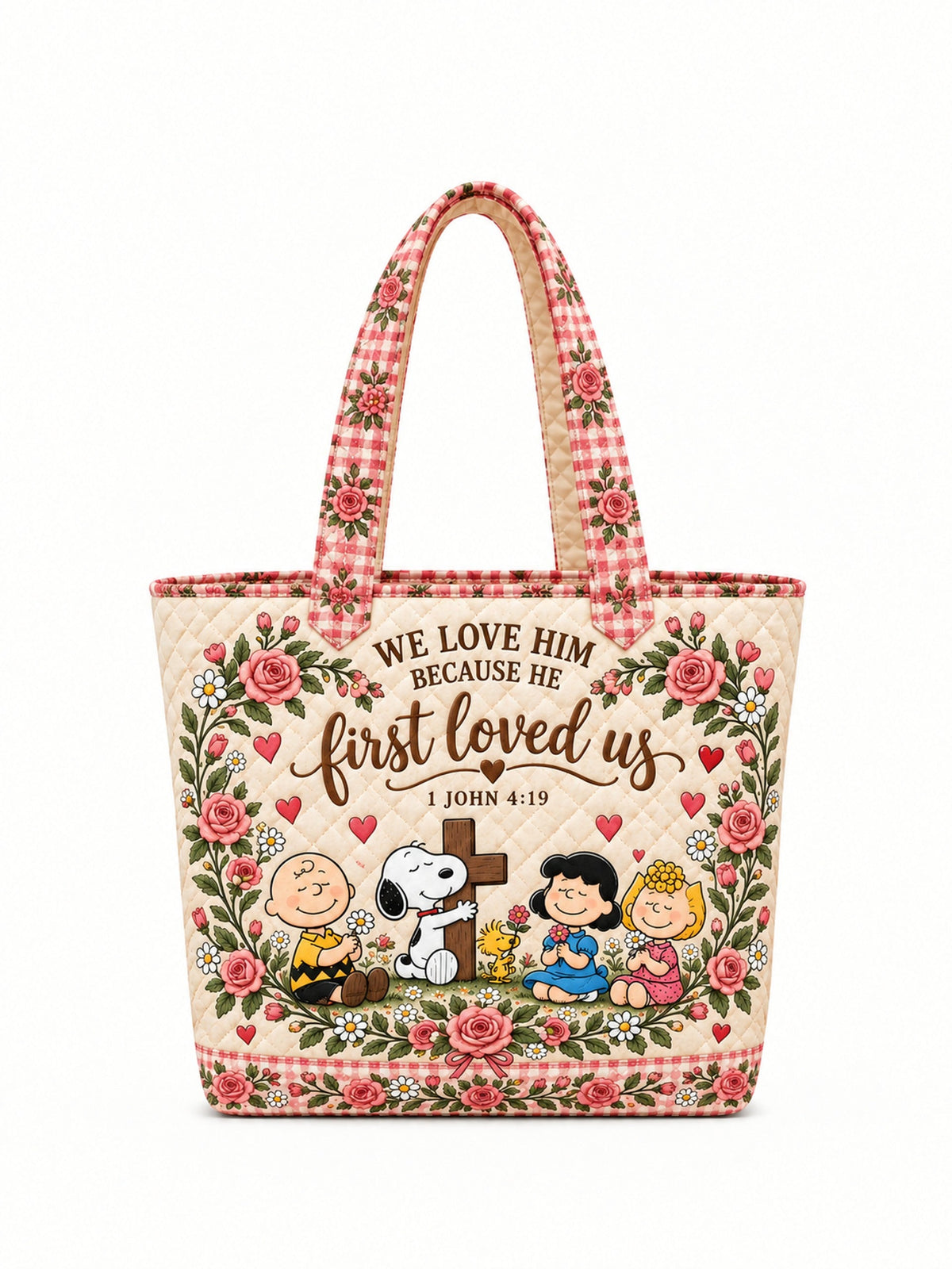 He First Loved Us 1 John 4:19 Christian Gift For Her - Personalized Quilted Tote Bag