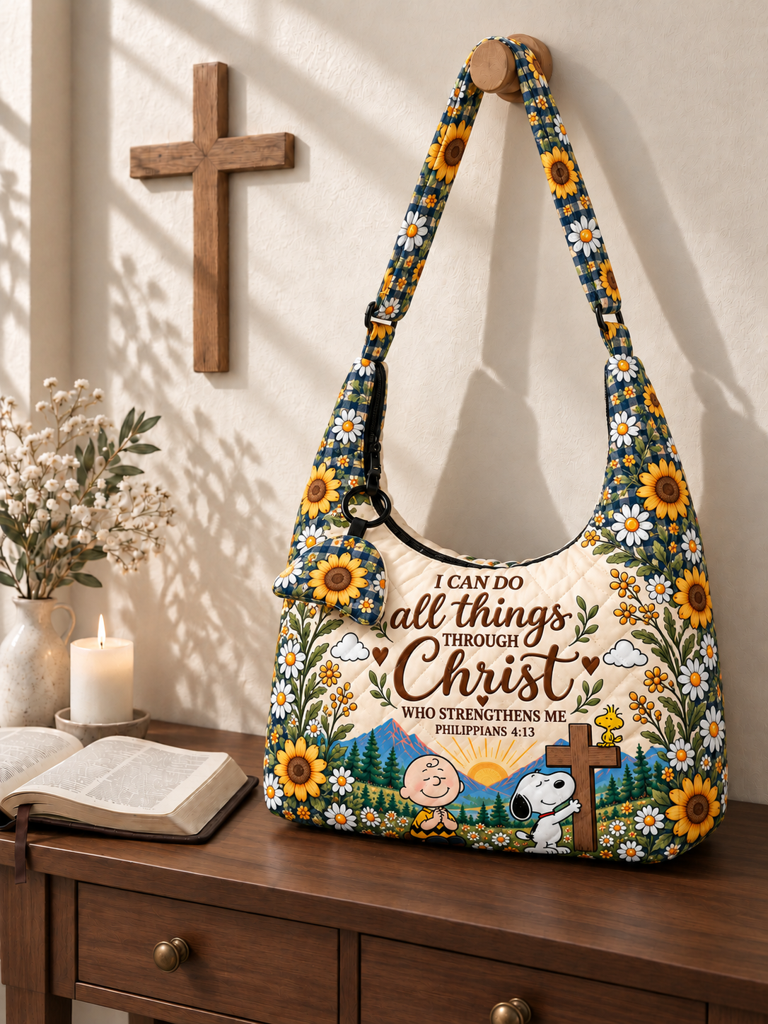 I Can Do All Things Through Christ Christian Gift For Her - Personalized Quilted Hobo Shoulder Bag