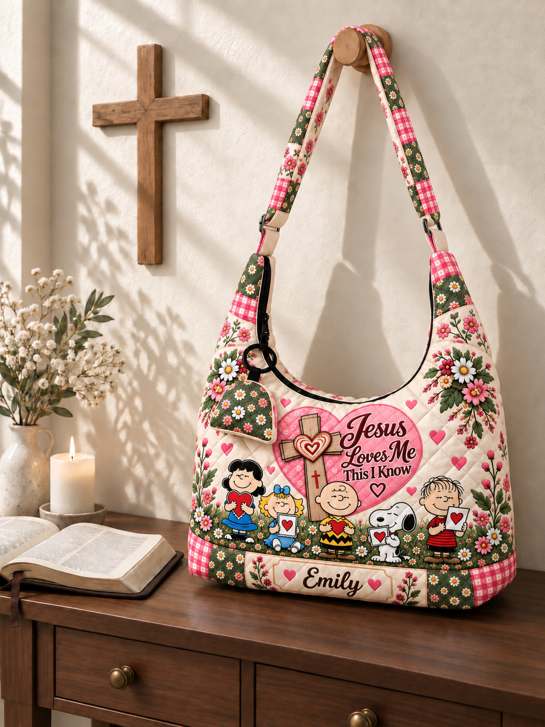 Jesus Loves Me This I Know Gift For Her - Personalized Quilted Hobo Shoulder Bag