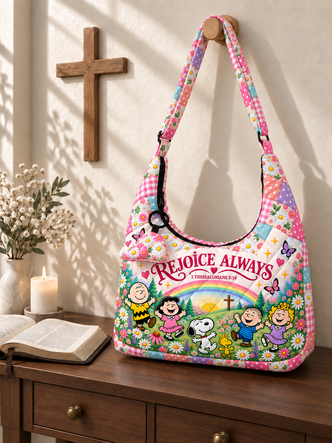 Rejoice Always 1 Thessalonians 5:16 Gift For Her - Quilted Hobo Shoulder Bag