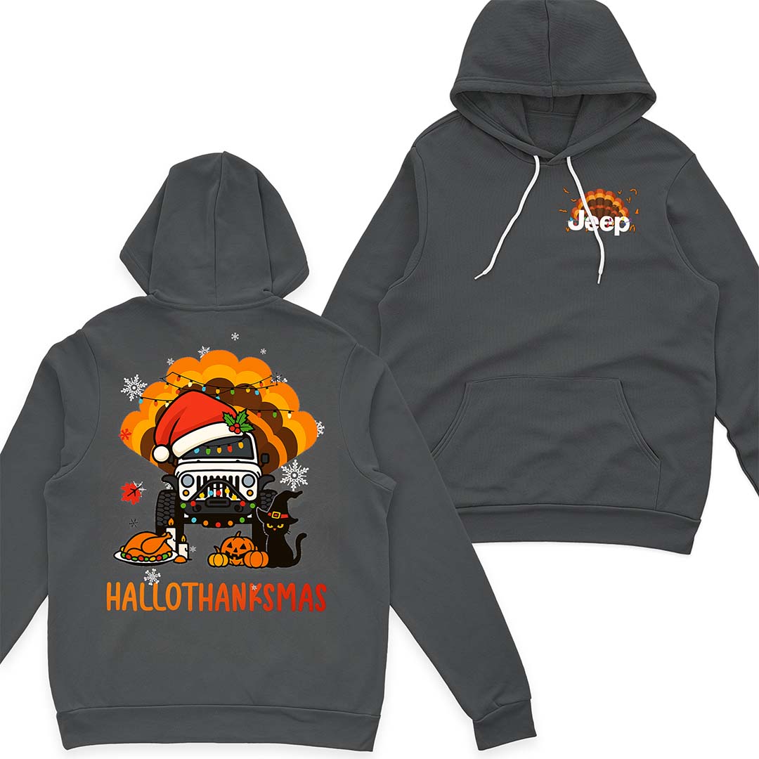 Happy Hallothanksmas Jeeps T-Shirt Hoodie Witch Turkey Deer Halloween Thanksgiving Christmas Supler Store