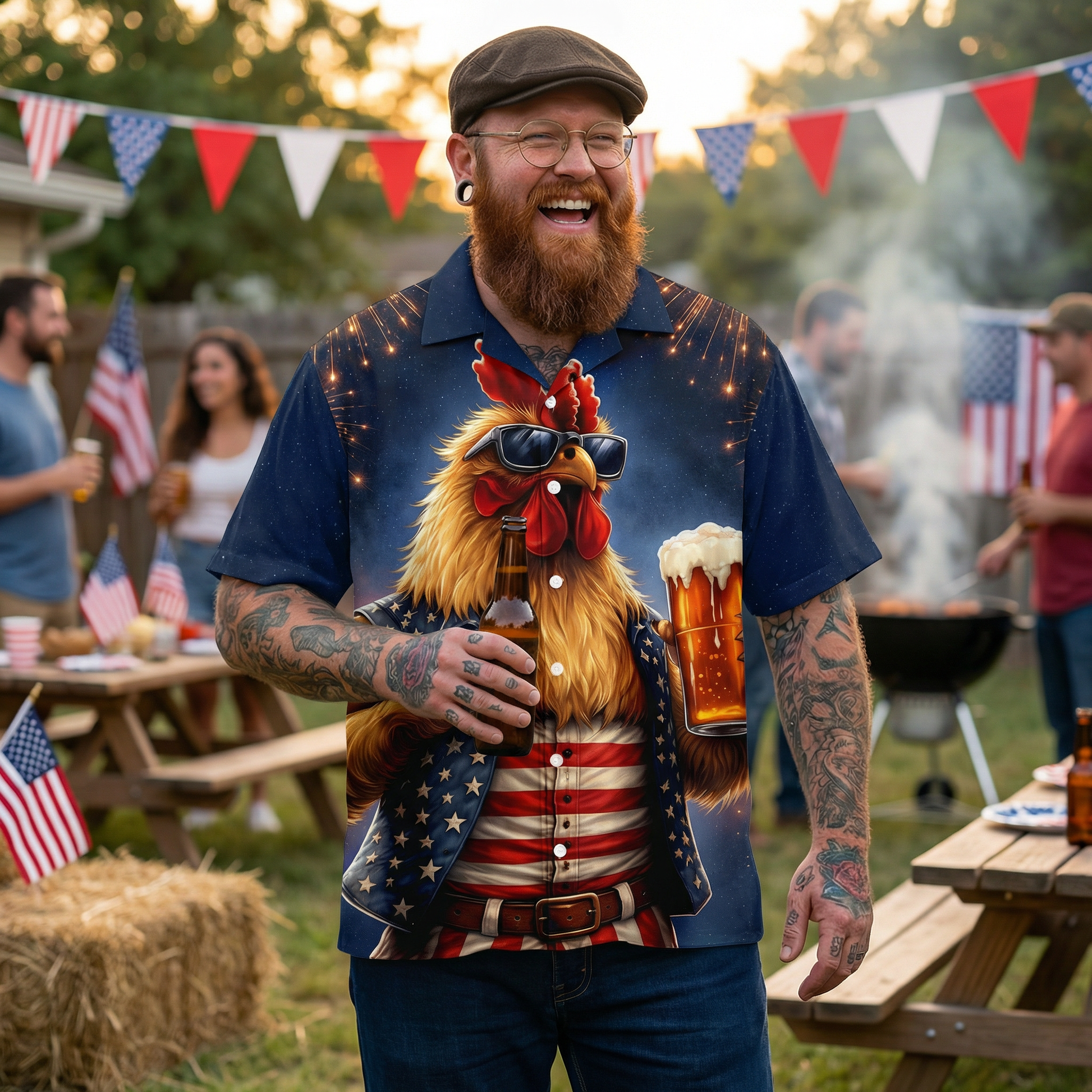 Funny Rooster Drinking Beer American Flag Aloha - Hawaiian Shirt - Gift For Him