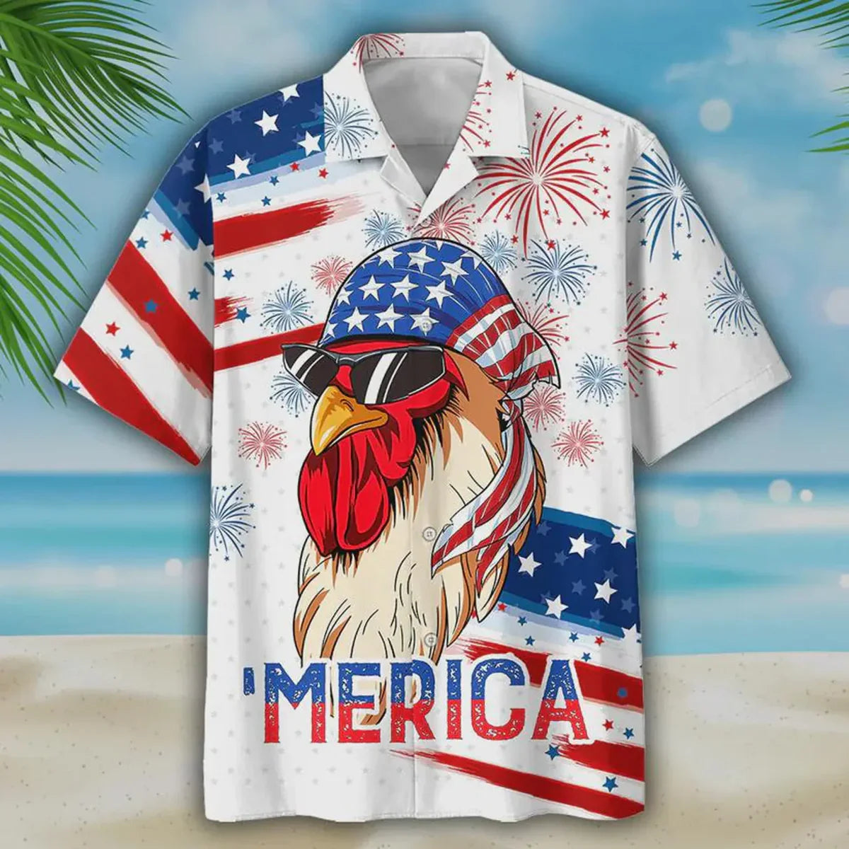 Merica Rooster American Flag Patriotic USA Chicken - Personalized Hawaiian Shirt - Gift For Farmer, Patriots - image 4
