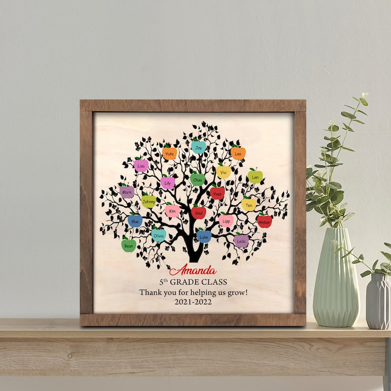 litzzy Personalized Teacher Apple Tree Plaque, Custom Teacher Desk Sign, Classroom Sign for Teachers, Teacher Appreciation Gift, Thank you Teacher Custom Wooden Sign   