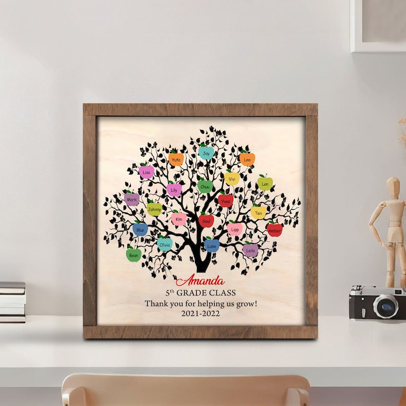 litzzy Personalized Teacher Apple Tree Plaque, Custom Teacher Desk Sign, Classroom Sign for Teachers, Teacher Appreciation Gift, Thank you Teacher Custom Wooden Sign   