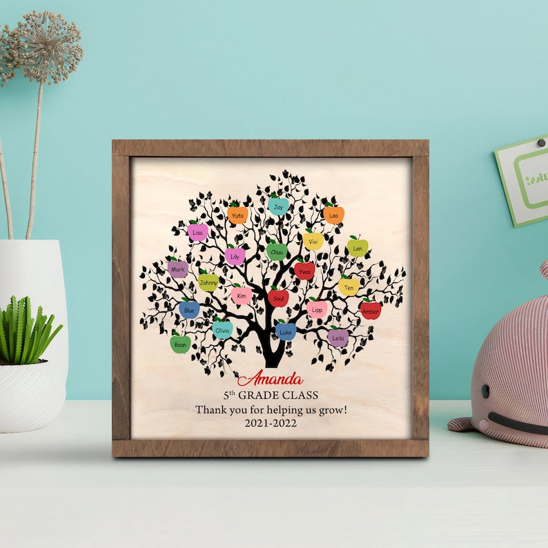 litzzy Personalized Teacher Apple Tree Plaque, Custom Teacher Desk Sign, Classroom Sign for Teachers, Teacher Appreciation Gift, Thank you Teacher Custom Wooden Sign   