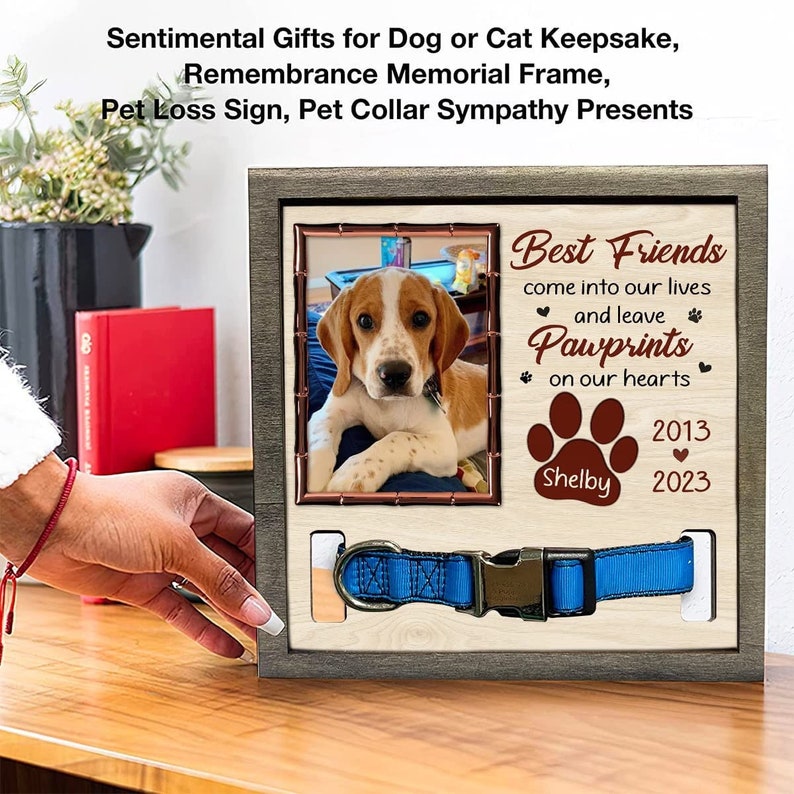 litzzy Memorial Pet Collar With Photo, Pet Memorial Collar Sign, Personalized Heartfelt Gift, Dog Bereavement, Cat Bereavement Pet Picture Frame Style 1 8x8 Inches Wooden 