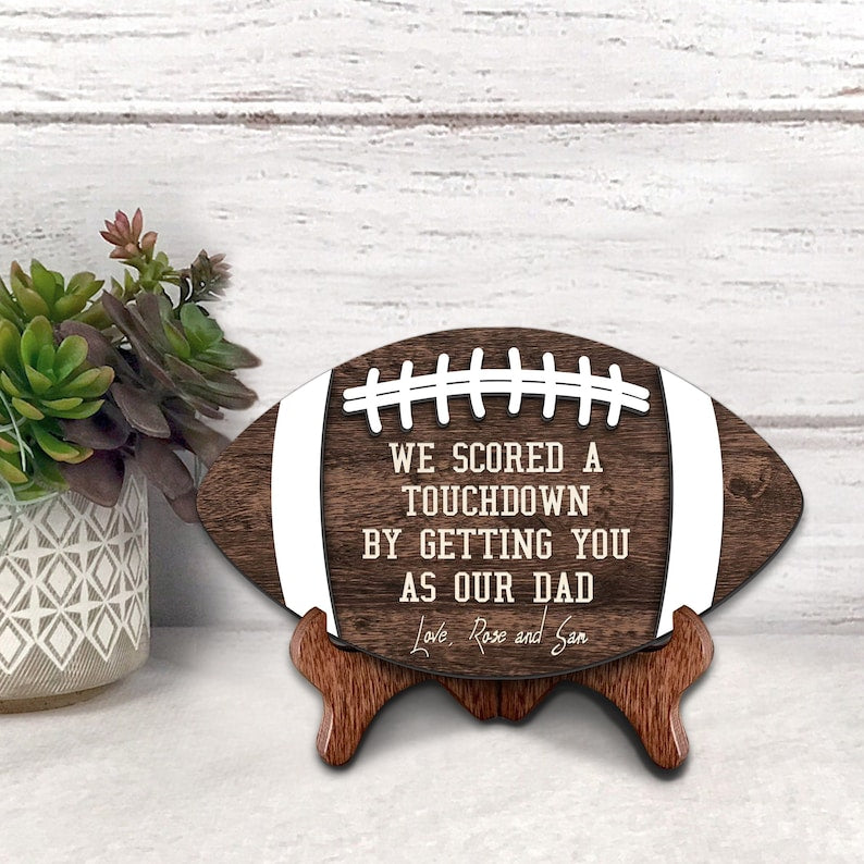 litzzy Personalized Football Sign for Dads, Football Wooden Sign Dad, Father's Day Gift, Gifts for Dads, Sports Dad Gift, Football Daddy Gift Custom Wooden Sign Brown 7.8 x 4.5 inches 