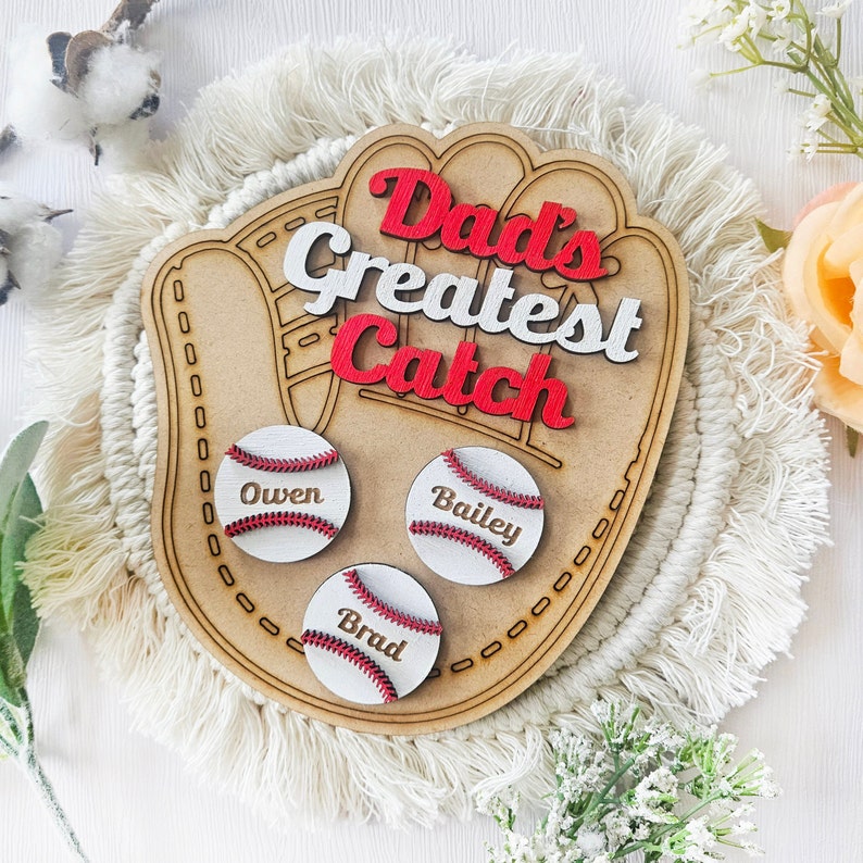 litzzy Dad's Greatest Catch, Father's Day Gift, Personalized Baseball Sign, Kids Name Wood Sign. Gifts For Him Custom Wooden Sign   