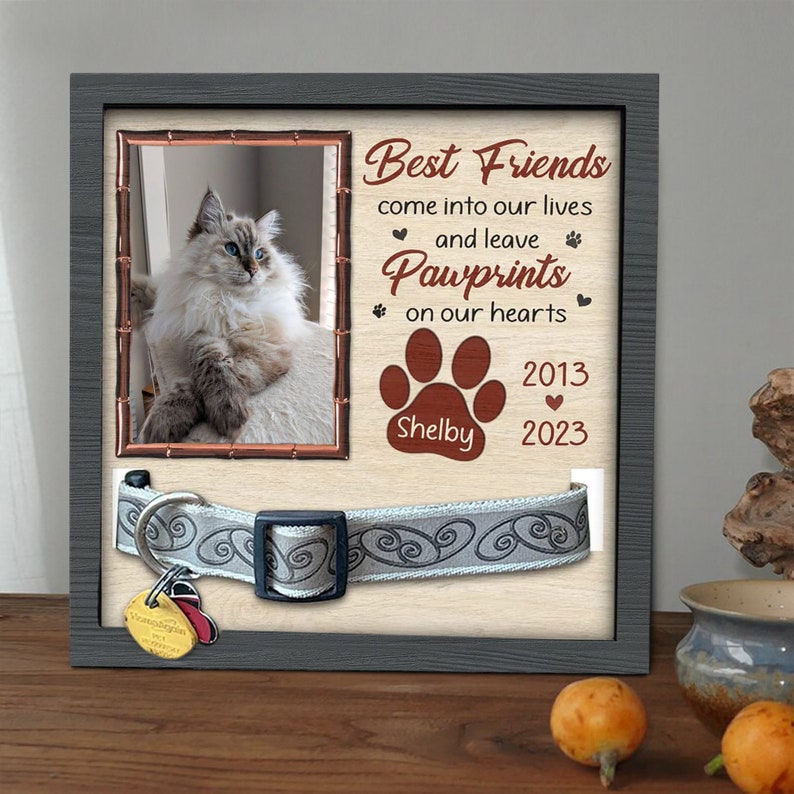 litzzy Memorial Pet Collar With Photo, Pet Memorial Collar Sign, Personalized Heartfelt Gift, Dog Bereavement, Cat Bereavement Pet Picture Frame Style 1 8x8 Inches Black 