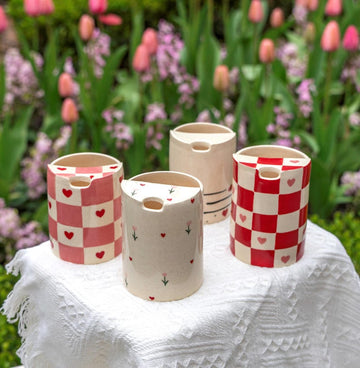 Red Checkerboard Hand-Painted Pottery Coffee Cup