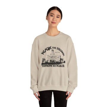 ST Radio Station WSQK "The Squawk" Hawkins Hitmaker Sweatshirt in Heather Gray, White, and Sand
