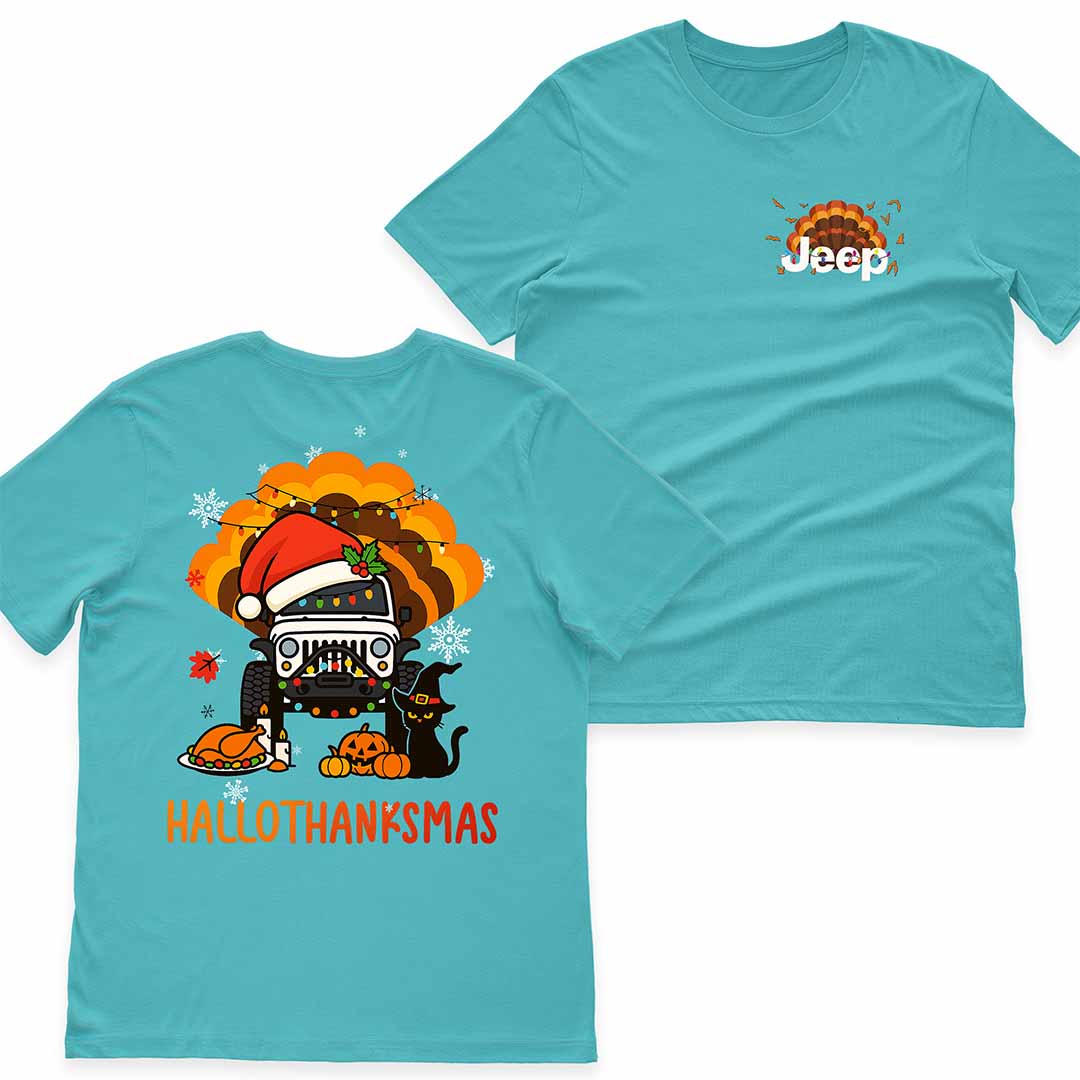Happy Hallothanksmas Jeeps T-Shirt Hoodie Witch Turkey Deer Halloween Thanksgiving Christmas Supler Store