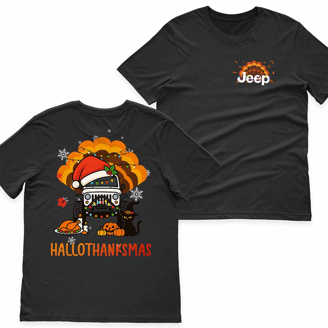 Happy Hallothanksmas Jeeps T-Shirt Hoodie Witch Turkey Deer Halloween Thanksgiving Christmas Supler Store