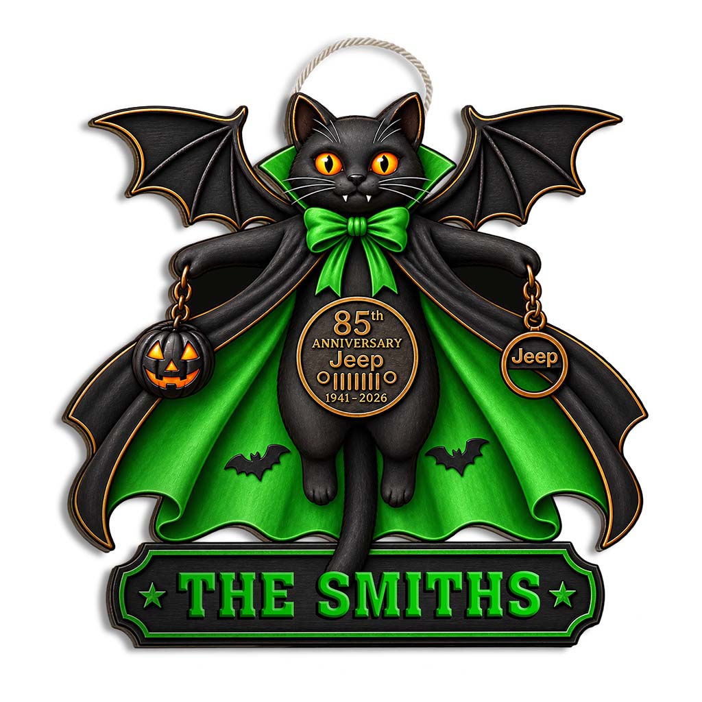 Halloween Black Cat Vampire Jeep 85th Anniversary Personalized Wood Sign-DN2808260951