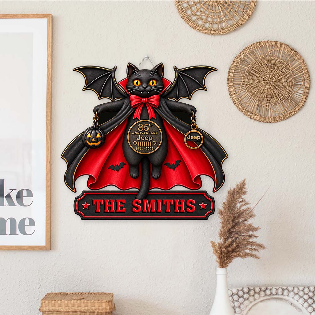 Halloween Black Cat Vampire Jeep 85th Anniversary Personalized Wood Sign-DN2808260951