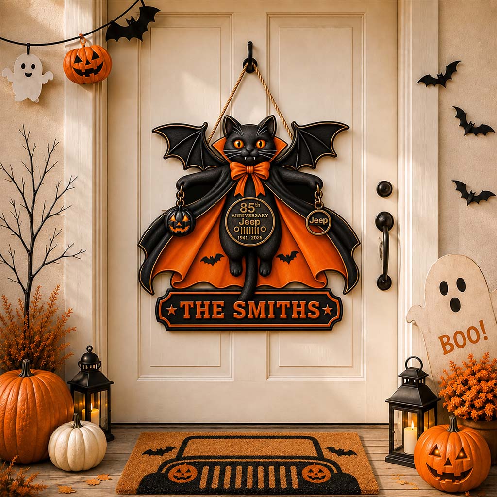 Halloween Black Cat Vampire Jeep 85th Anniversary Personalized Wood Sign-DN2808260951