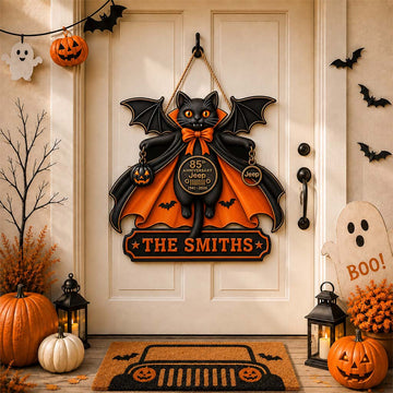 Halloween Black Cat Vampire Jeep 85th Anniversary Personalized Wood Sign-DN2808260951