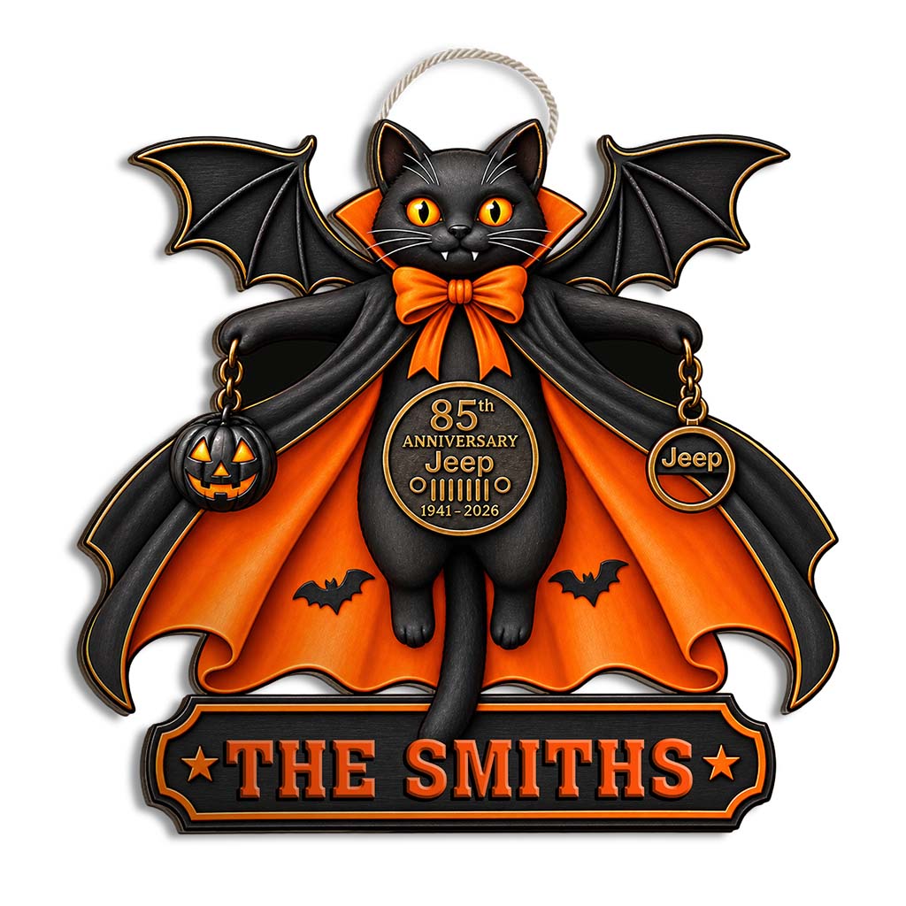 Halloween Black Cat Vampire Jeep 85th Anniversary Personalized Wood Sign-DN2808260951