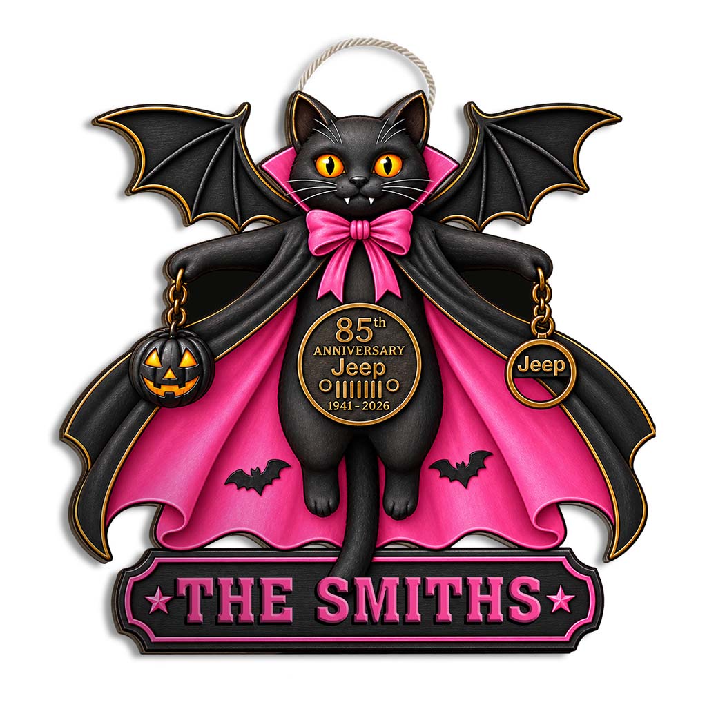 Halloween Black Cat Vampire Jeep 85th Anniversary Personalized Wood Sign-DN2808260951