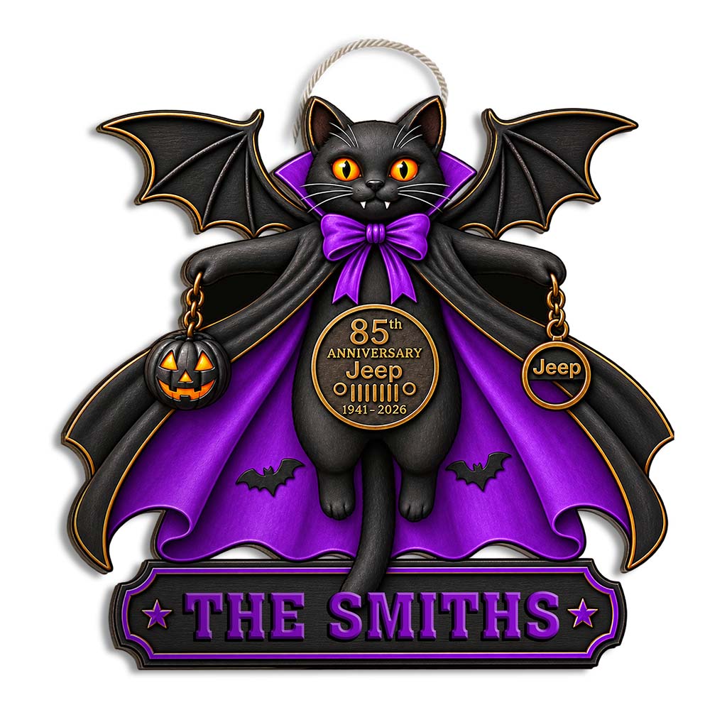 Halloween Black Cat Vampire Jeep 85th Anniversary Personalized Wood Sign-DN2808260951