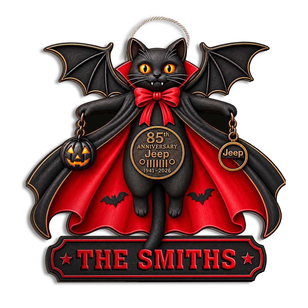 Halloween Black Cat Vampire Jeep 85th Anniversary Personalized Wood Sign-DN2808260951