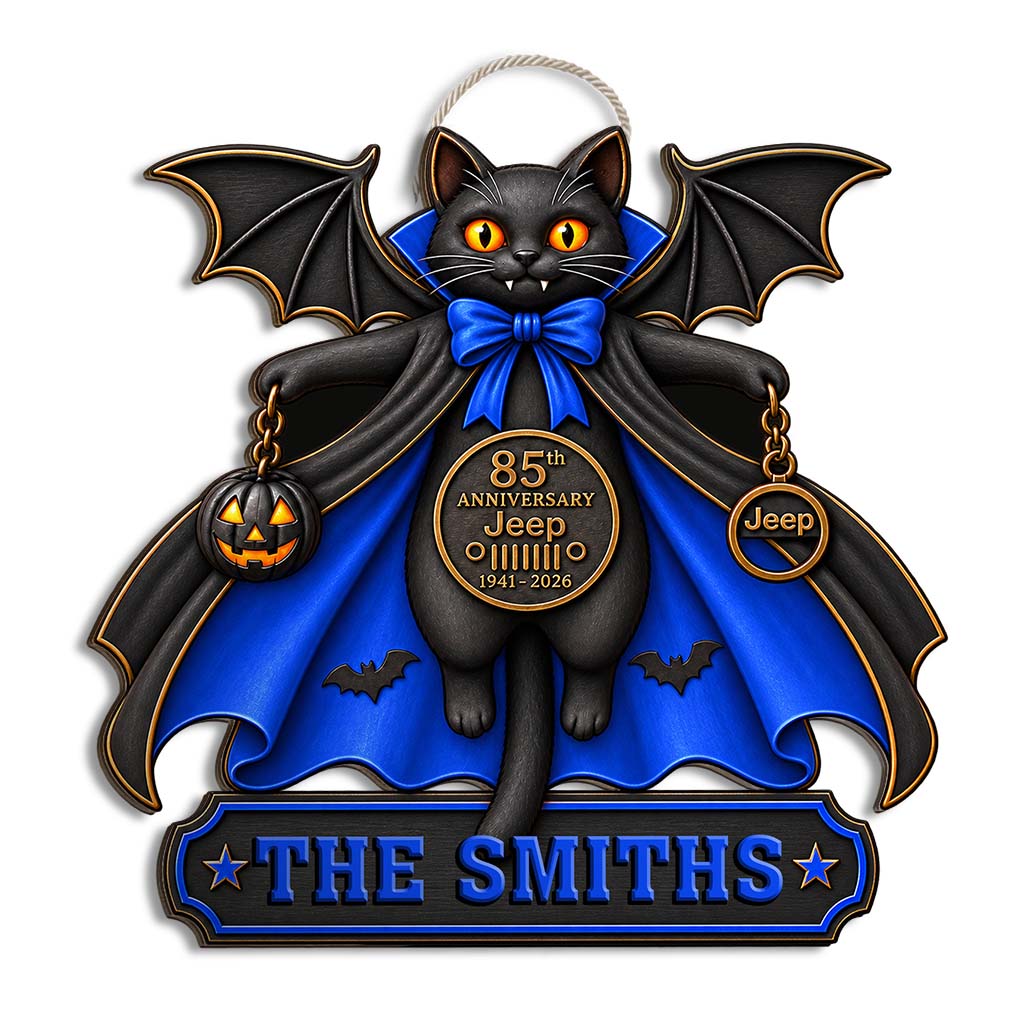 Halloween Black Cat Vampire Jeep 85th Anniversary Personalized Wood Sign-DN2808260951