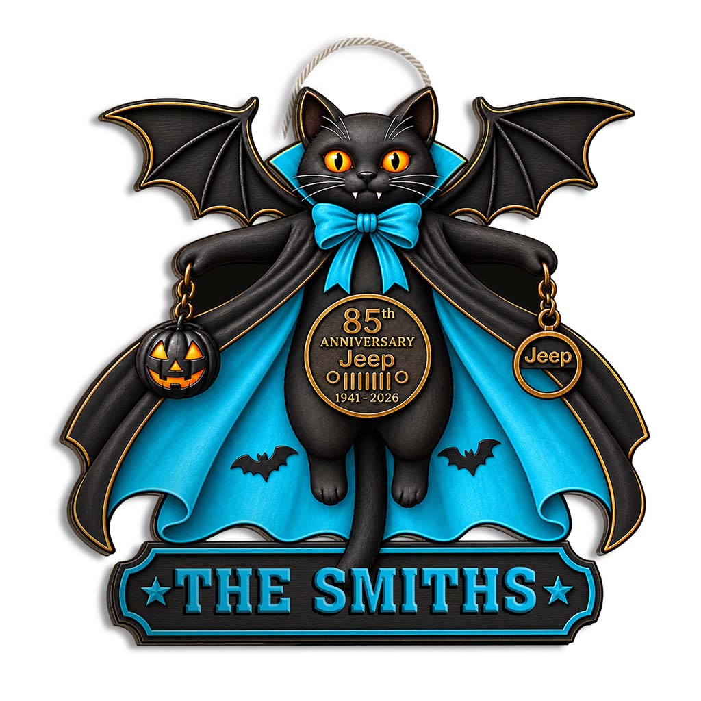 Halloween Black Cat Vampire Jeep 85th Anniversary Personalized Wood Sign-DN2808260951