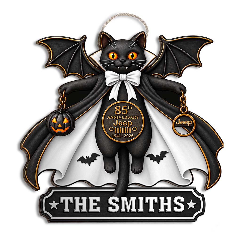 Halloween Black Cat Vampire Jeep 85th Anniversary Personalized Wood Sign-DN2808260951