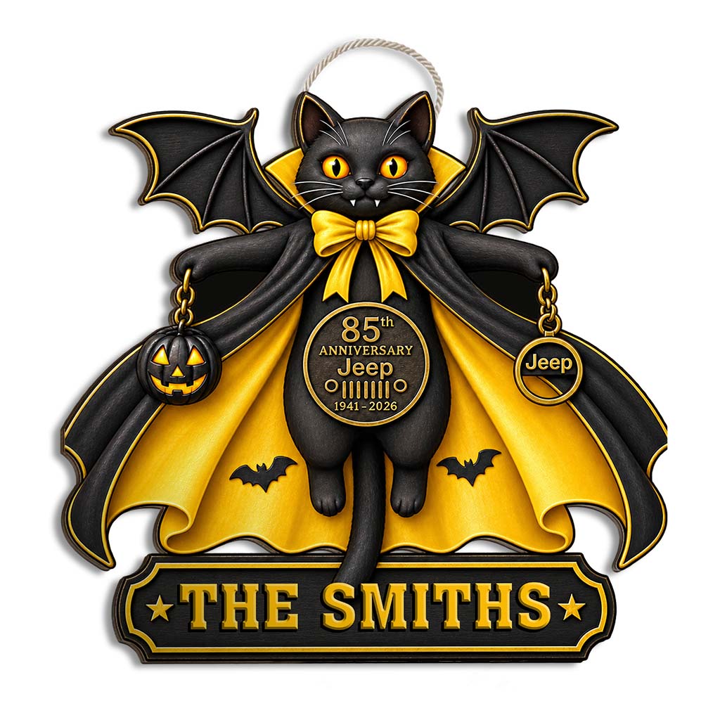 Halloween Black Cat Vampire Jeep 85th Anniversary Personalized Wood Sign-DN2808260951