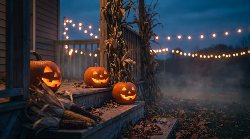 Carved jack-o-lanterns glowing on a wooden porch at dusk, with string lights and fallen leaves