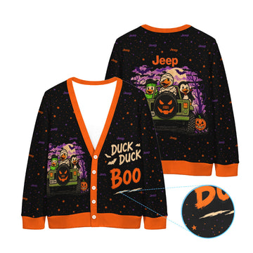 A black long-sleeve cardigan with orange trim and a Halloween-themed graphic print, shown from both the front and back. The graphic features a green Jeep with ducks driving it, pumpkins, and the words 'Duck Duck Boo'.