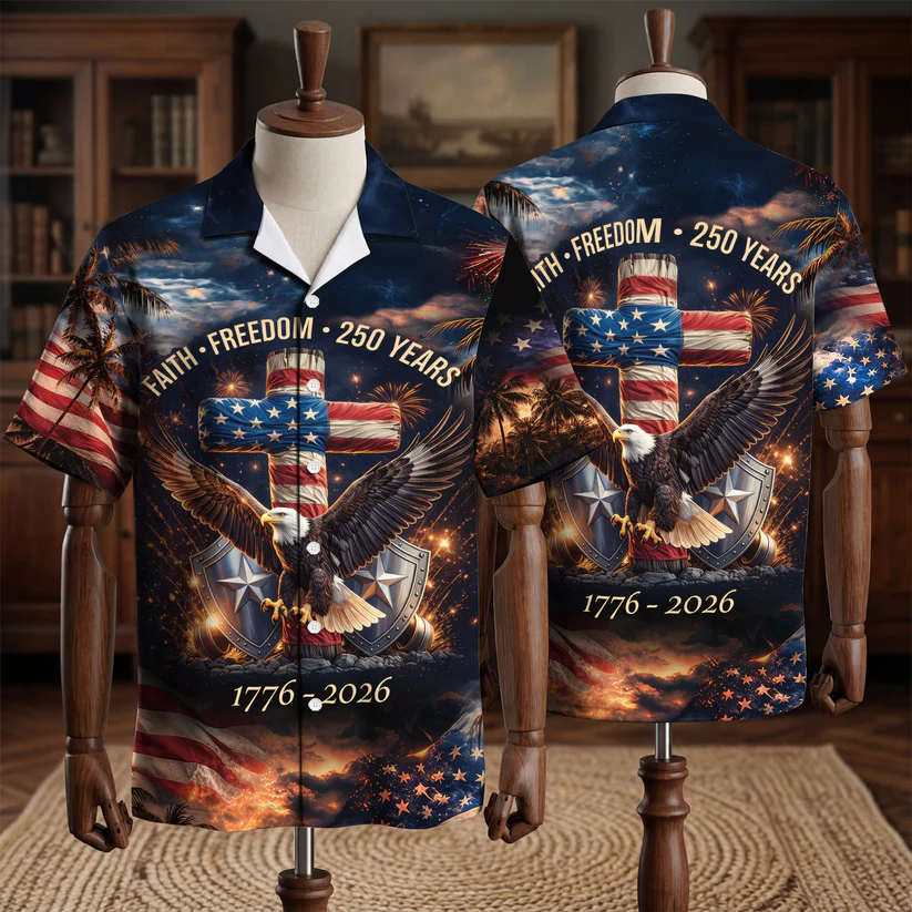 USA 250 Years Faith Freedom Cross Eagle - Hawaiian Shirt - Gift For Him