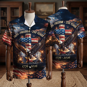 USA 250 Years Faith Freedom Cross Eagle - Hawaiian Shirt - Gift For Him
