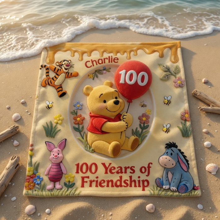 100th Anniversary Friendship With Honey Bear Celebration - Personalized Beach Towel - Vacation Gift For Movie Fans - DSNY