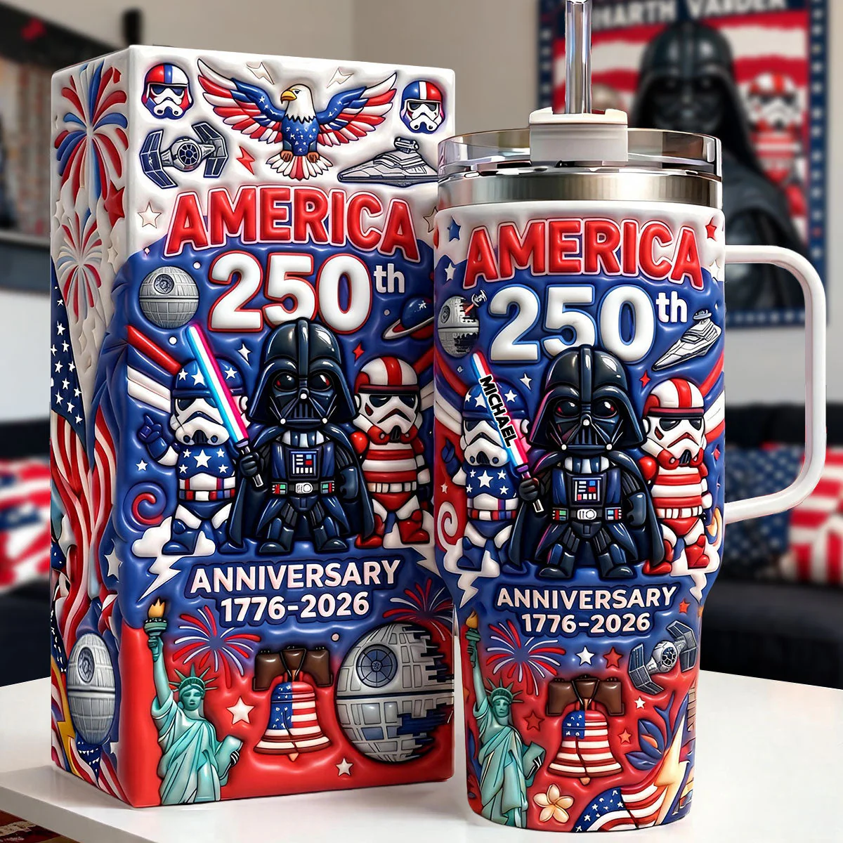 Stwa 250th Anniversary With 50 Years Dark Captain - Personalized Tumbler With Handle - Independence Gift For Movie Fans