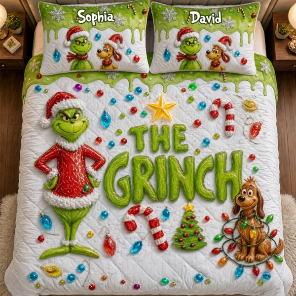 Grch Green Monster Merry Grinchmas Custom Name Christmas Gift For Fan Movies - Personalized Quilted Bedding Set HH01
