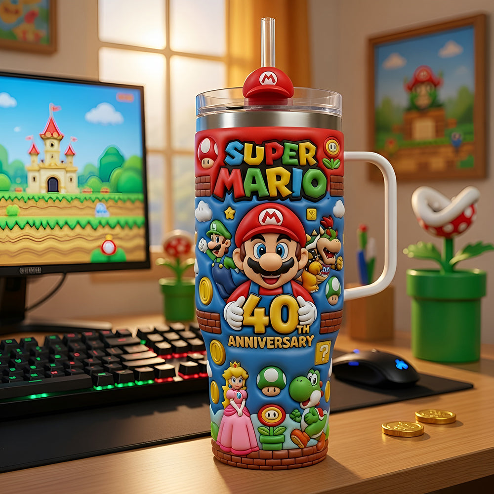 Mario 40 Years Becoming Legend - Personalized Tumbler With Handle - Anniversary Gift For Movie Fans