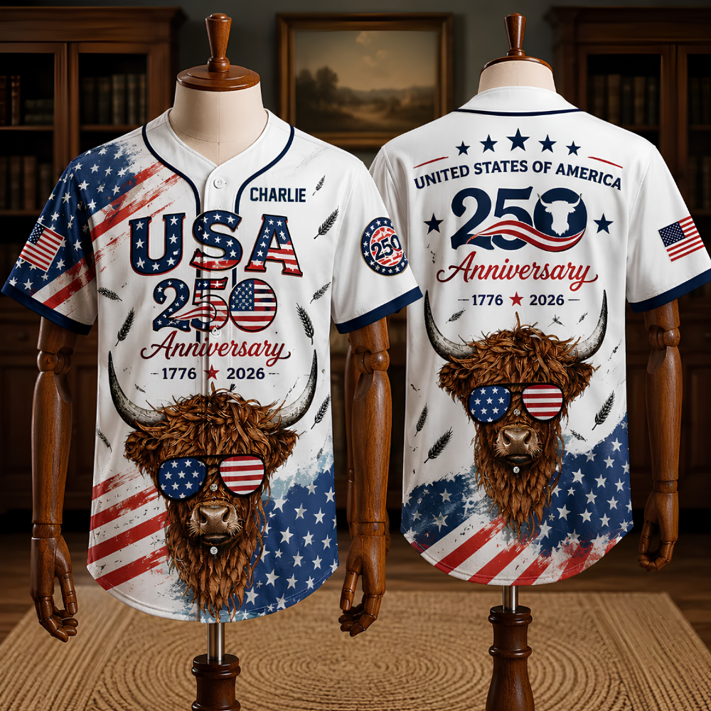 USA 250 Anniversary Highland Cow - Personalized Baseball Jersey - Gift For Patriots