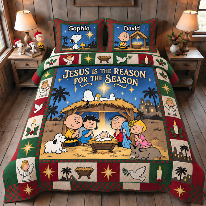 Jesus Is The Reason Nativity Christmas Home Decor Gift For Family - Personalized Quilt Bedding Set