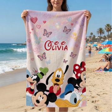 Magic Mouse With Friends - Personalized Beach Towel/ Bath Towel - Gift For Movie Fans, Summer Vacation - MkMo HH01