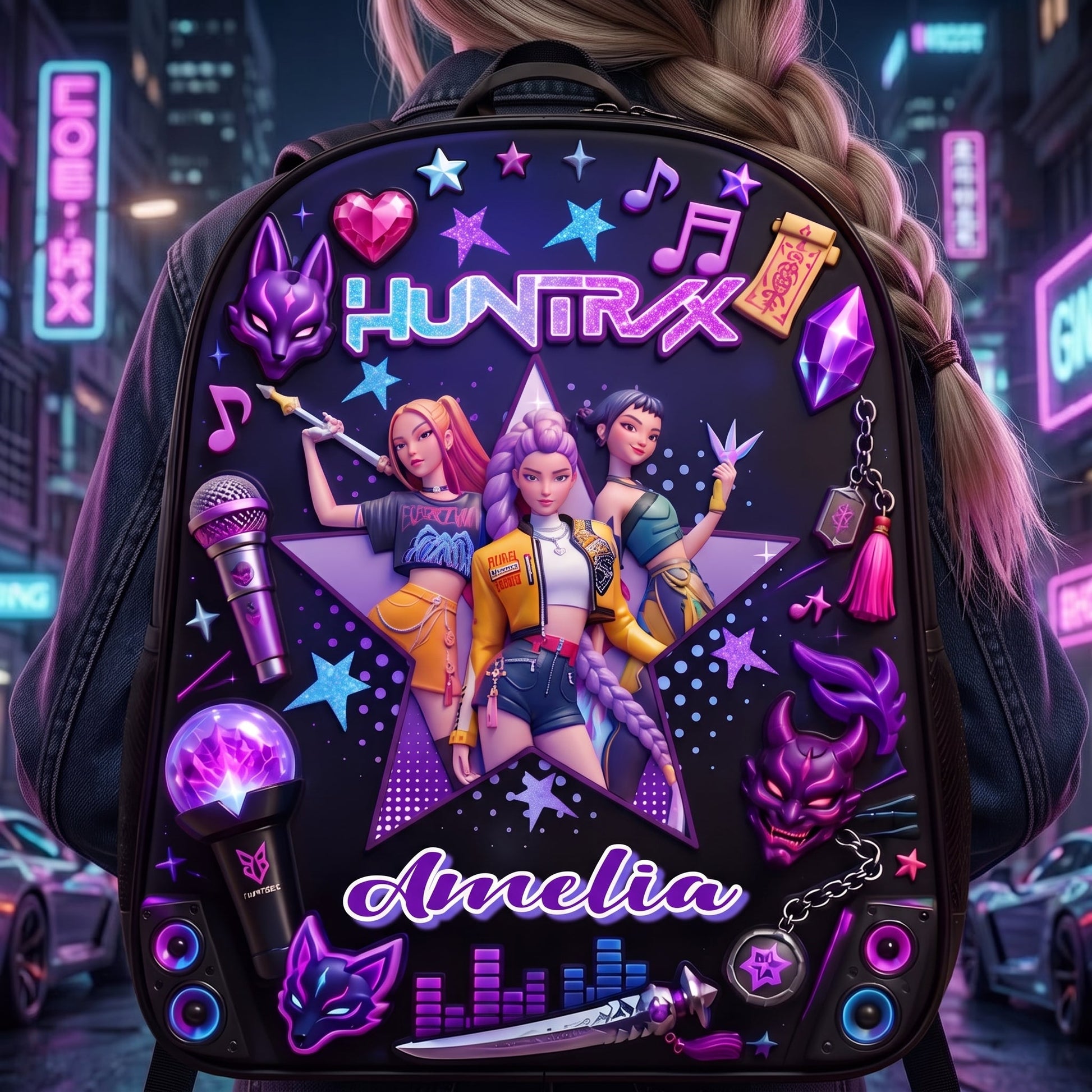Fantasy Pop Warriors Neon Music - Personalized Backpack, Lunch Bag, Pencil Case & Water Bottle - Back to School Gift
