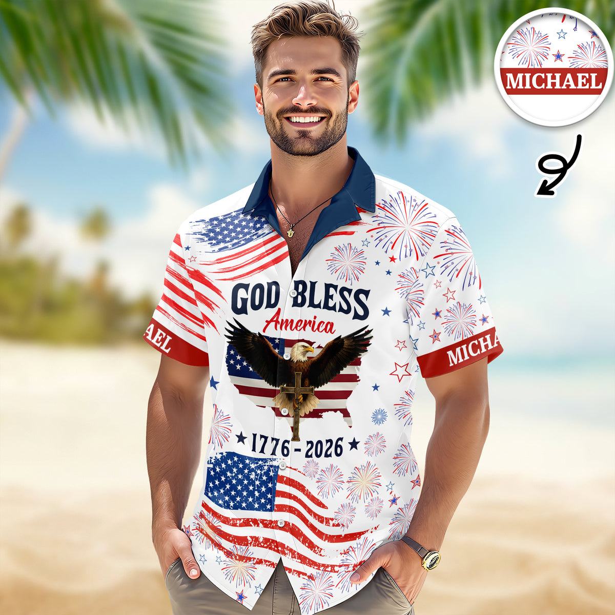 Patriotic 250th Anniversary God Bless America Eagle - Personalized Hawaiian Shirt - Gift for Dad, Husband, Grandpa HN02 - image 2